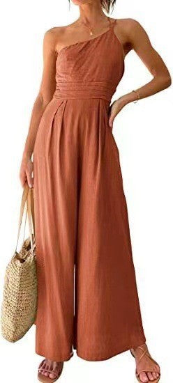 New Solid Color Loose Wide-leg Cotton And Linen Jumpsuit -