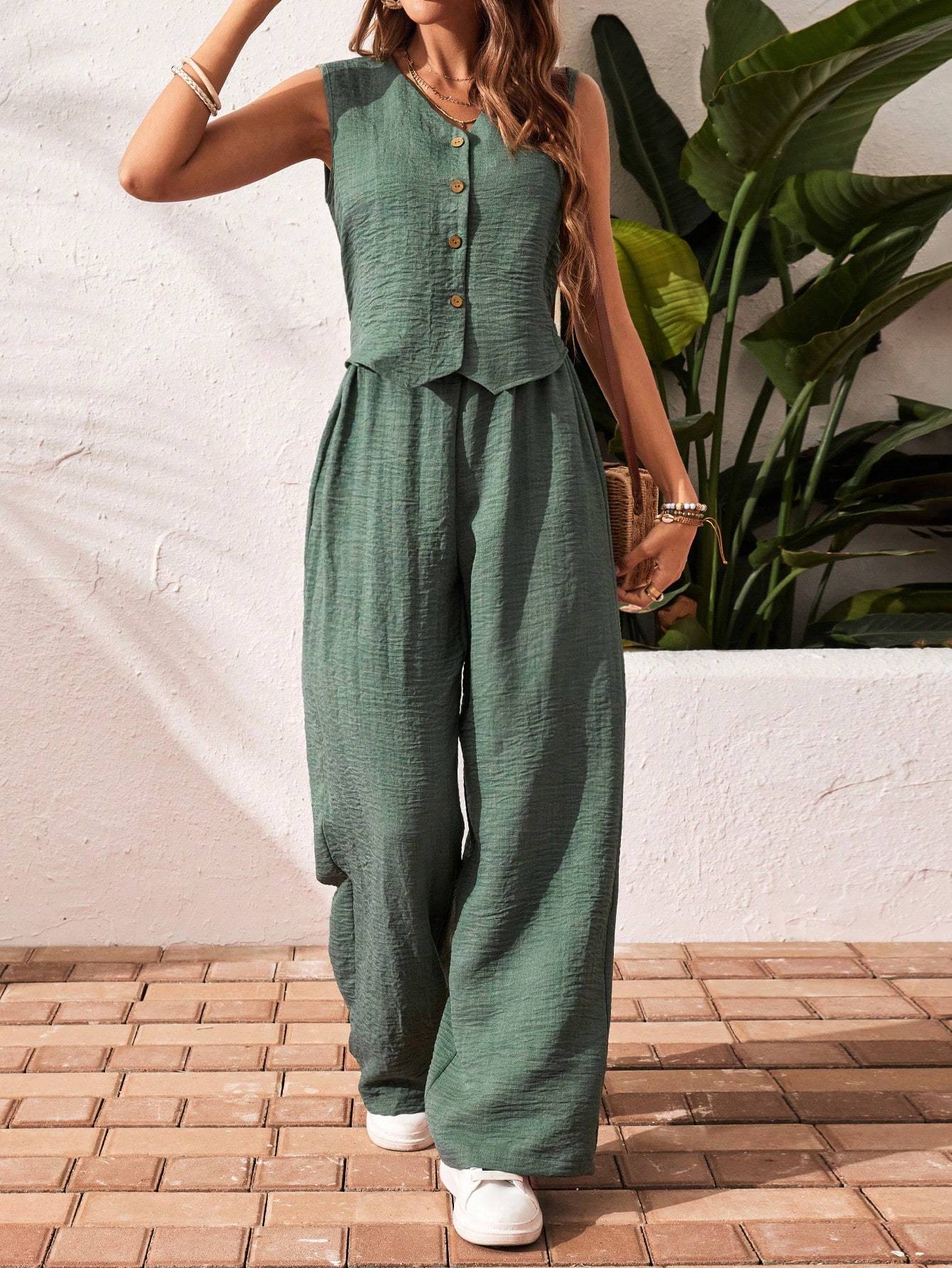 Women's Solid Color Front Button Sleeveless Blouse And Long Pants Casual Suit Set -