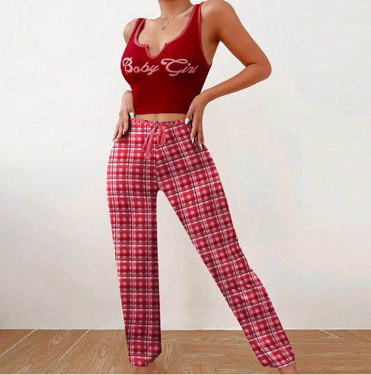 Spring Summer Women's Casual Pajamas Home Wear Vest Color Matching Plaid Trousers Letter Print Top Ladies 2 Pcs Home Clothes Sleepwear -
