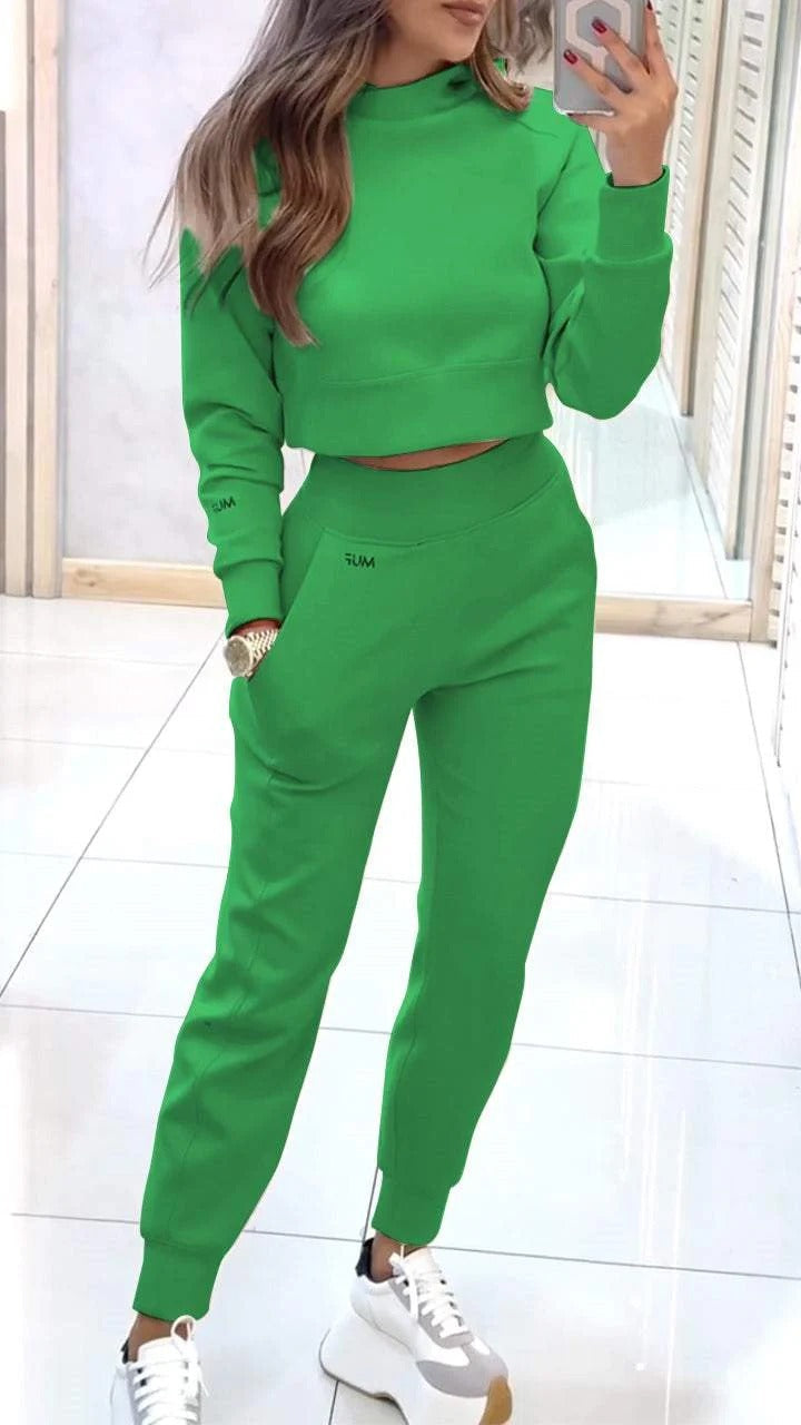 Set Sport-Casual Feminin: Top Mâneci Lungi, Pantaloni Drepți cu Buzunare -