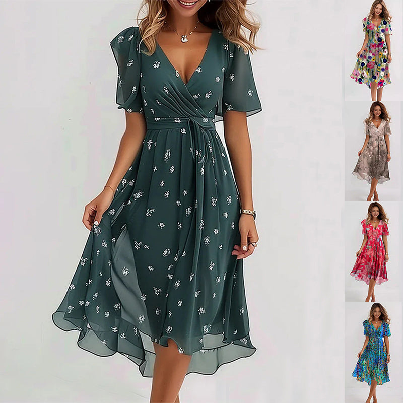 Rochie Elegantă de Vară din Chiffon - Imprimeu Floral, Decolteu V -