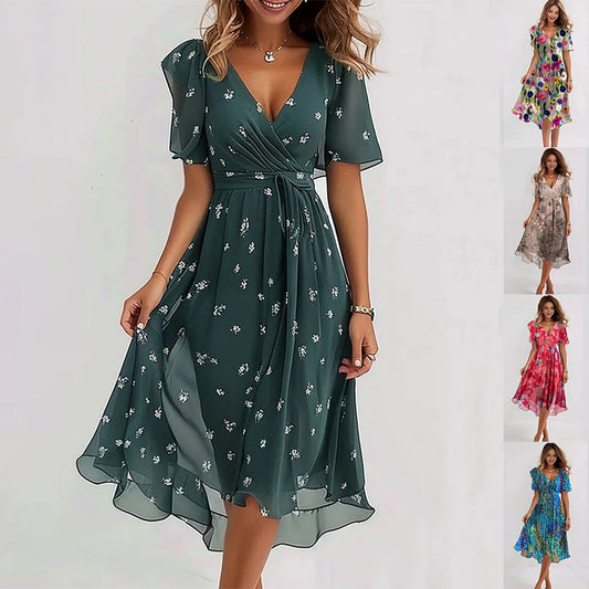 Rochie Elegantă de Vară din Chiffon - Imprimeu Floral, Decolteu V -