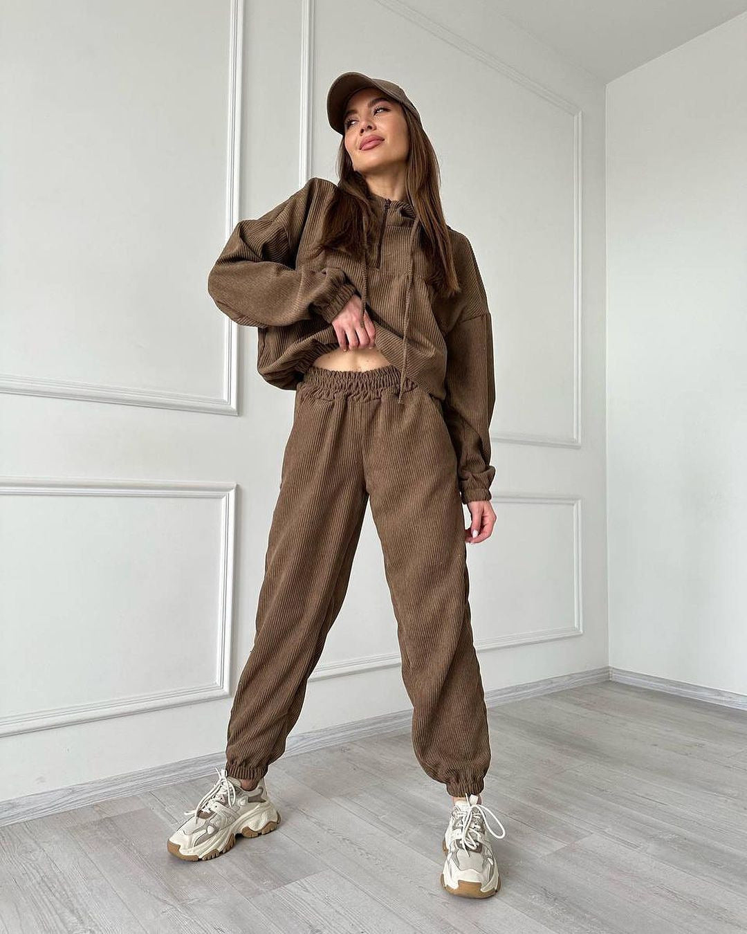 Women's Fashion Minimalist Long Sleeve Hooded Zipper Trousers Suit -