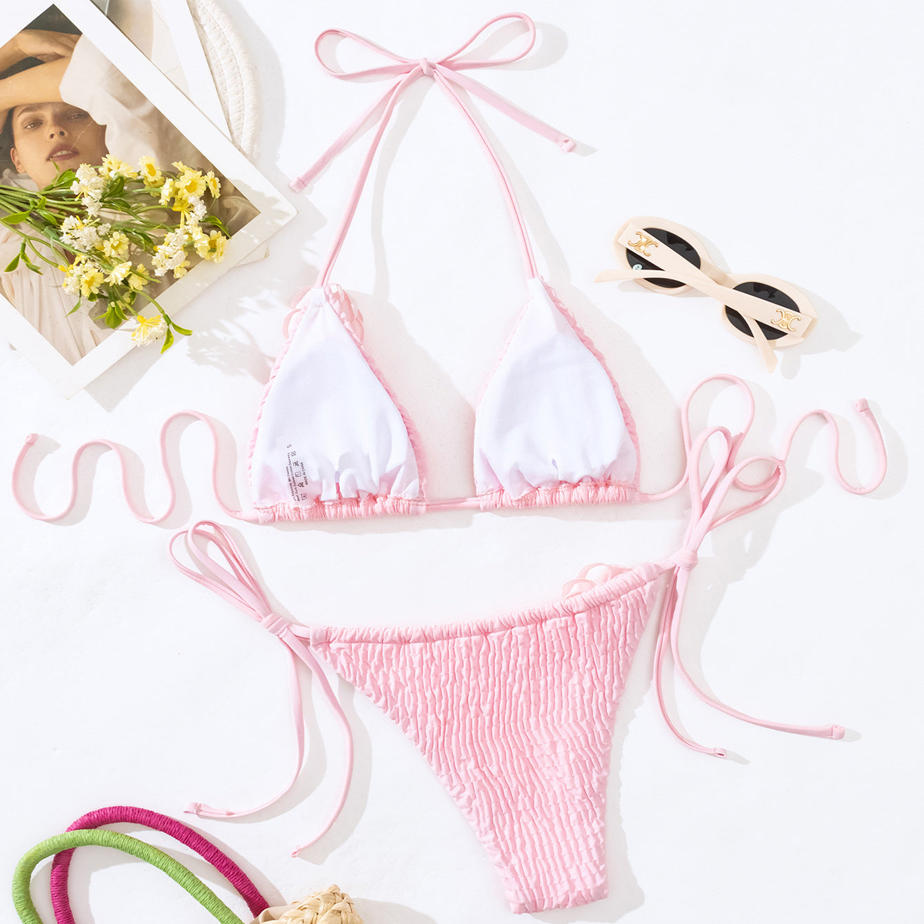 3D Three-dimensional Flowers Bikini Set Beach Summer Sexy Solid Color Side Tie Thong Swimsuit Womens Clothing -