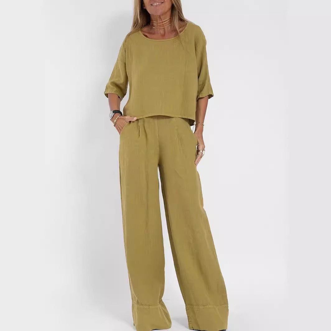 Women's Cotton And Linen Casual Cropped Sleeves Wide-leg Pants Suit -