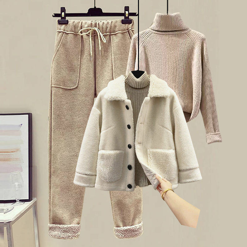 Lamb Wool Fur Sweater Casual Pants Three Piece Set Fashion Suit Women -