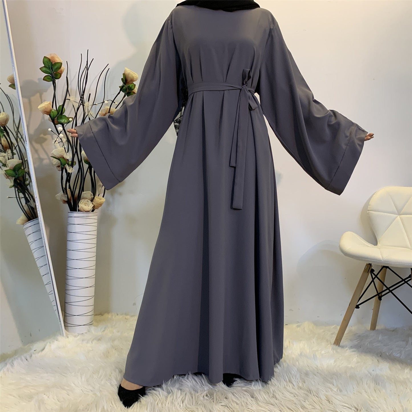 Solid Color Plus Size Lace-up Muslim Dress -