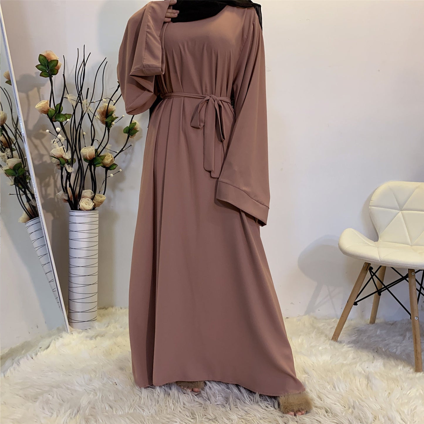Solid Color Plus Size Lace-up Muslim Dress -