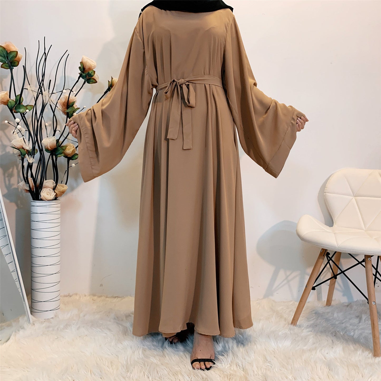 Solid Color Plus Size Lace-up Muslim Dress -
