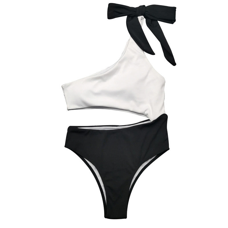 One-piece Swimsuit Contrast One-shoulder Bow Bikini -