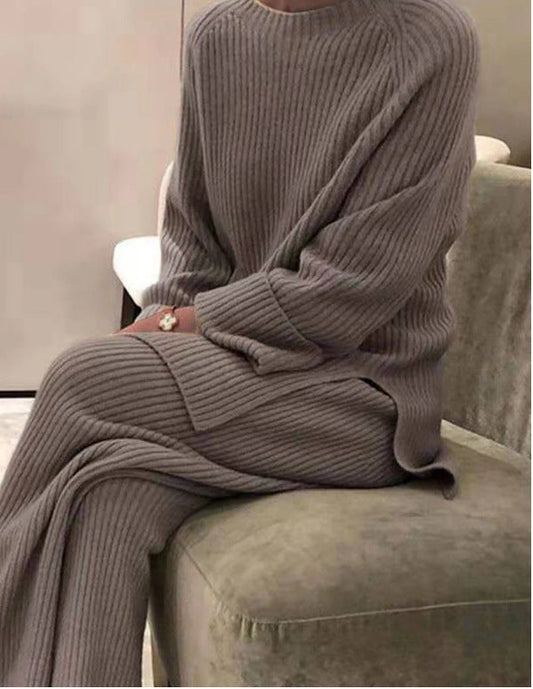 Women's Long-Sleeved Solid Color Knitted Casual Suit -