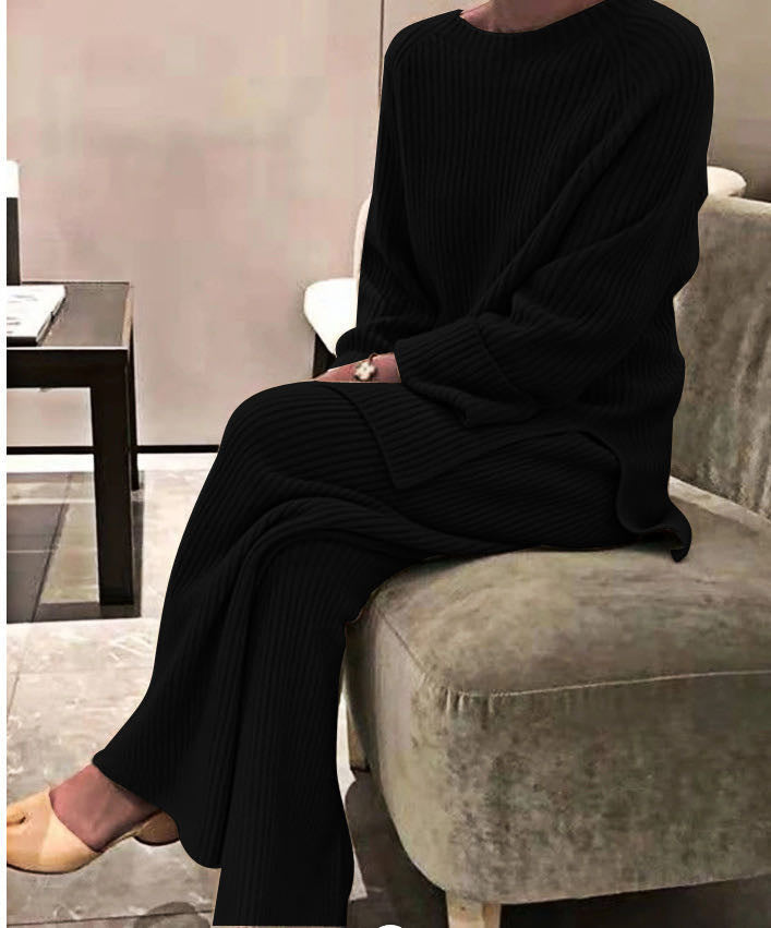 Women's Long-Sleeved Solid Color Knitted Casual Suit -