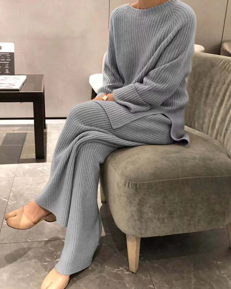 Women's Long-Sleeved Solid Color Knitted Casual Suit -