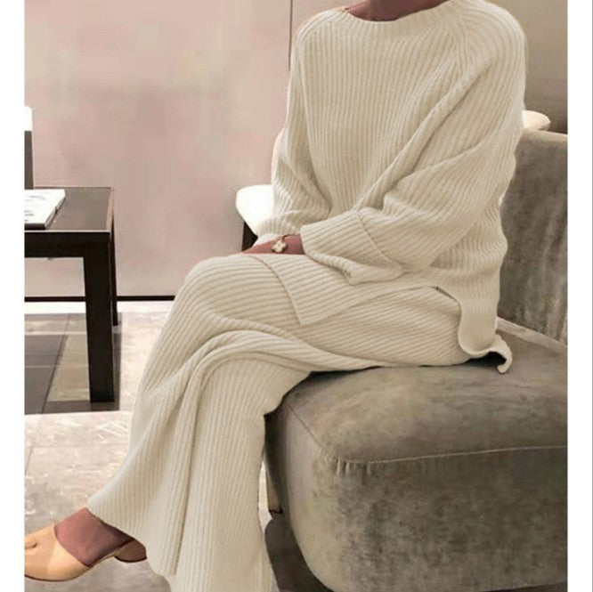 Women's Long-Sleeved Solid Color Knitted Casual Suit -