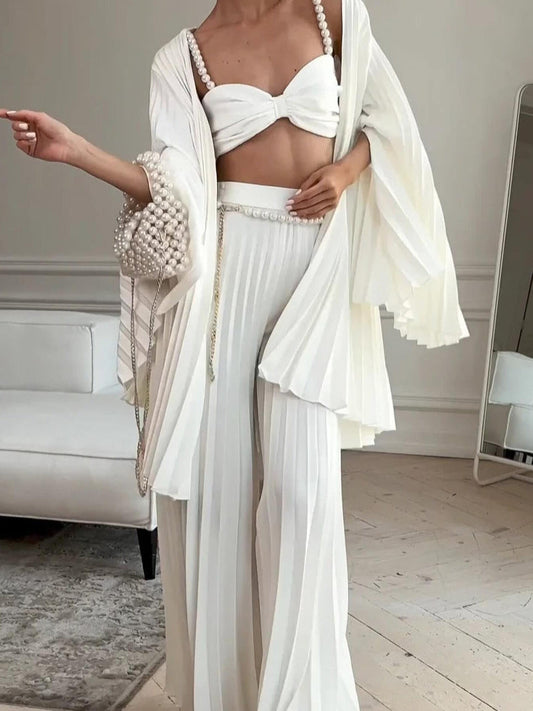 White Pleated Vest Cardigan Three-piece Wide-leg Pants Suit -