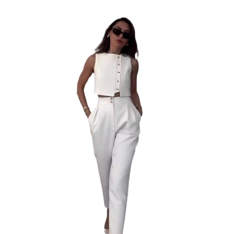 Sleeveless Vest Top High Waist Straight Pants Solid Color Two-piece Set -