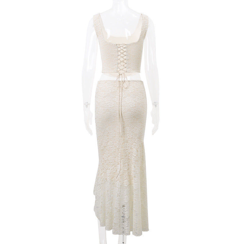 Graceful Tube Top Lace Up Lace Tophigh Waist Two-way Lace Fishtail Skirt -