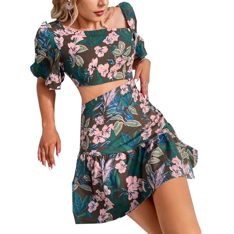 Women's Floral Short Sleeve Dress Two Piece Set -