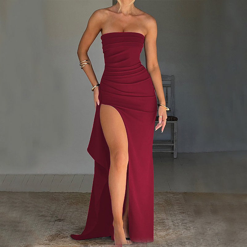 Rochie Eveniment Strapless - Pliuri Elegante, Fentă Laterală -