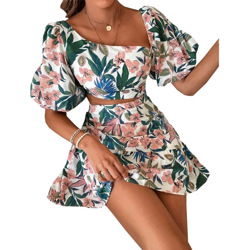 Women's Floral Short Sleeve Dress Two Piece Set -