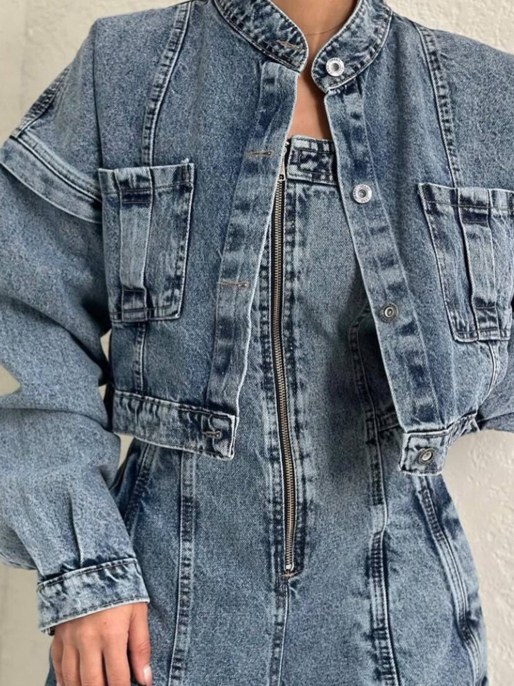 Denim Bandeau Zipper Jumpsuit & Jacket Set -