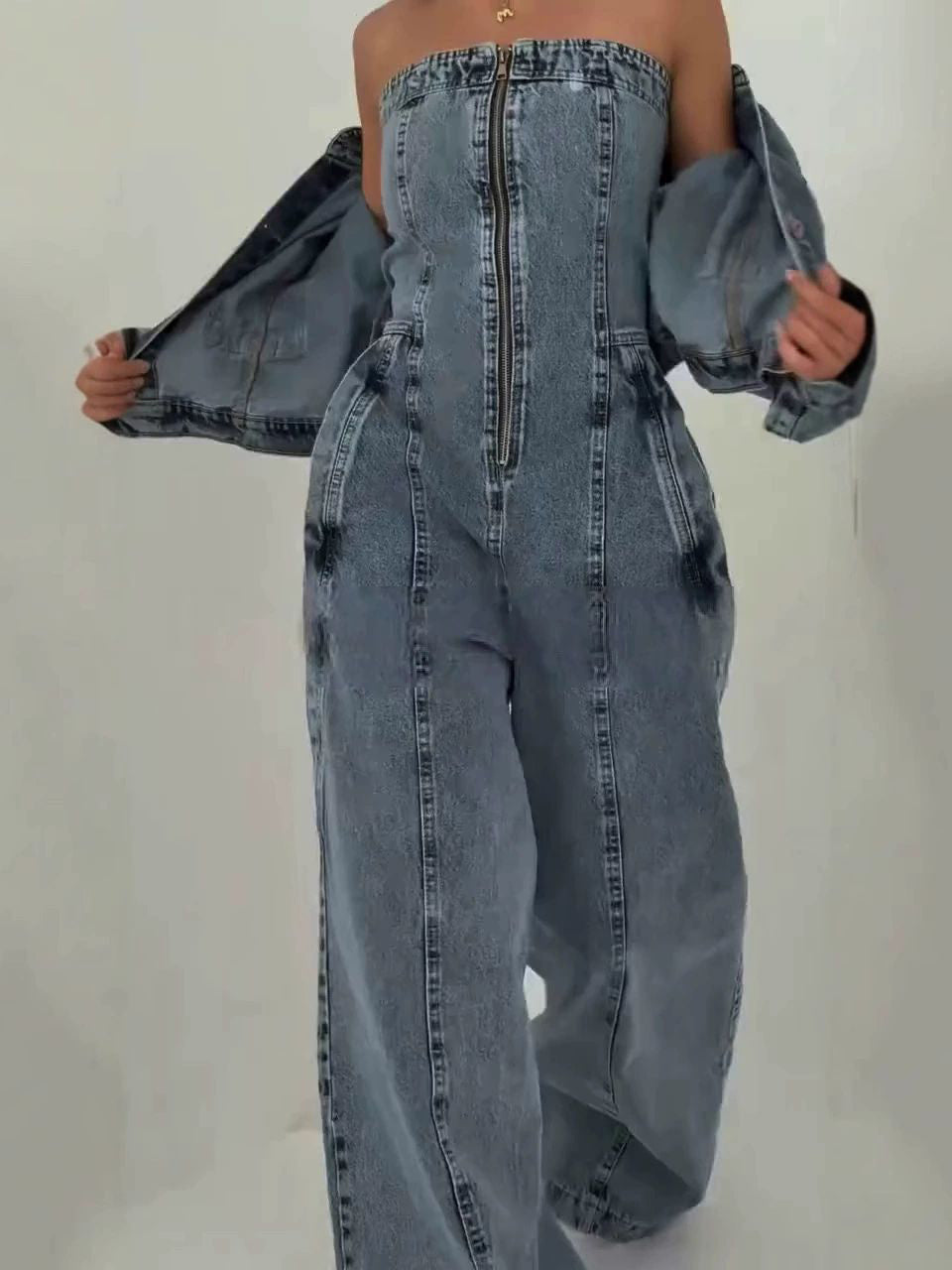 Denim Bandeau Zipper Jumpsuit & Jacket Set -