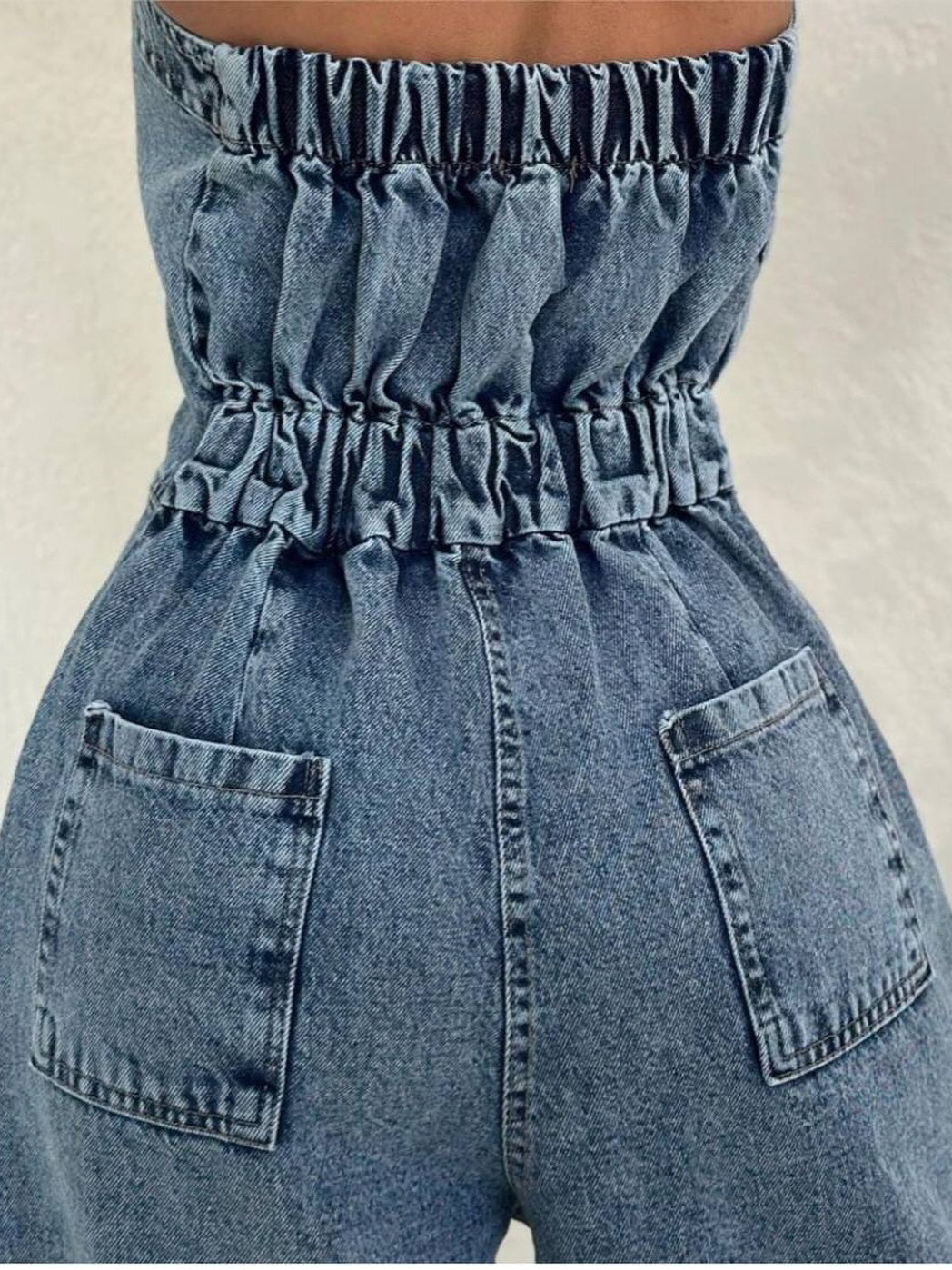 Denim Bandeau Zipper Jumpsuit & Jacket Set -