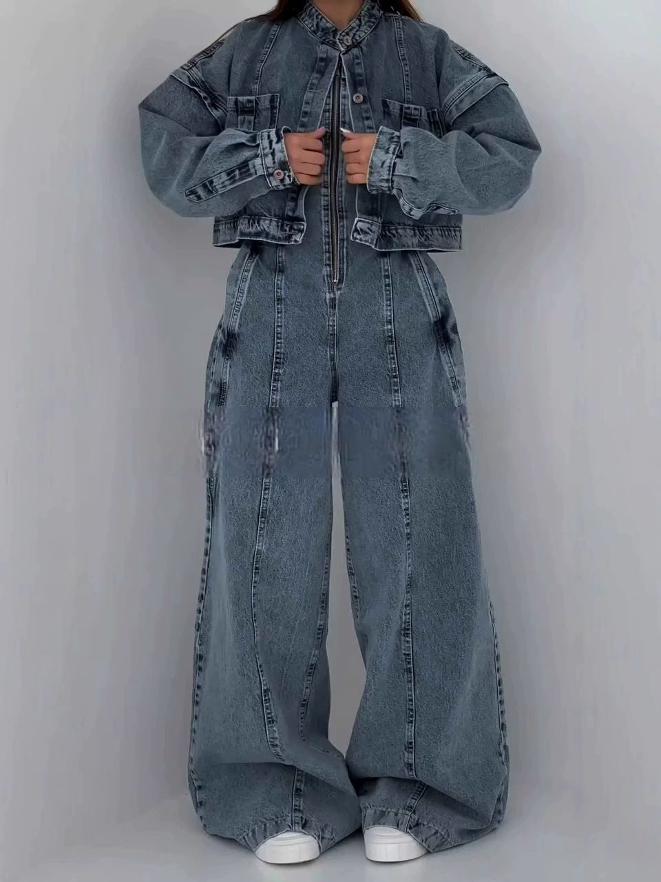 Denim Bandeau Zipper Jumpsuit & Jacket Set -