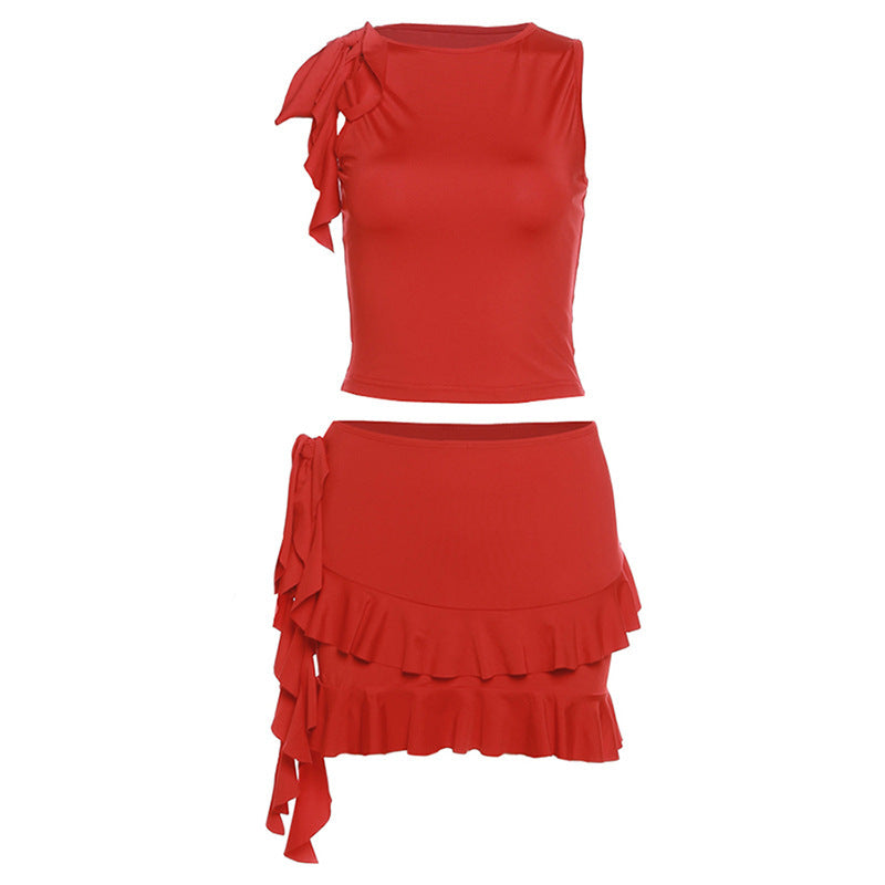 Women's Fashion Sleeveless Round Neck Vest Skirt Set -