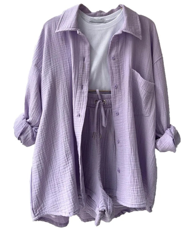 Women's Wrinkled Fabric Lapel Long Sleeved Shirt Shorts Fashion Casual Set -