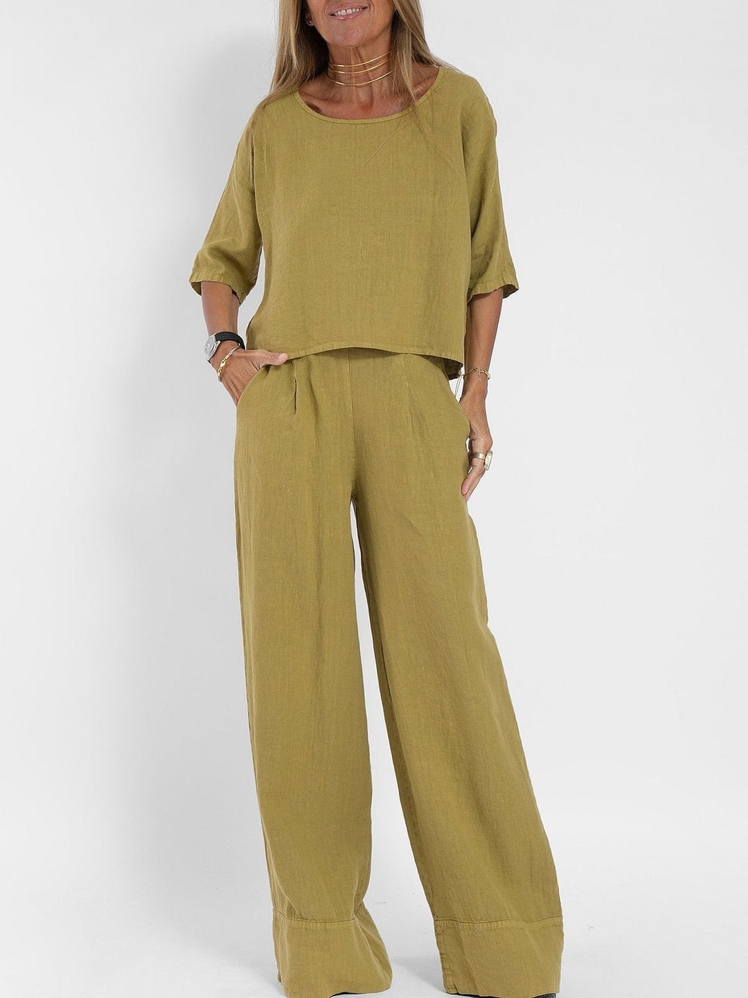Women's Cotton And Linen Casual Cropped Sleeves Wide-leg Pants Suit -