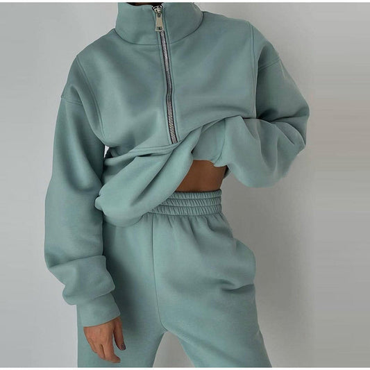 Stand Collar Suit Zip Up Crop Sportswear Long Sleeve Sweatshirt And Trousers For Spring Fall Women's Clothing -