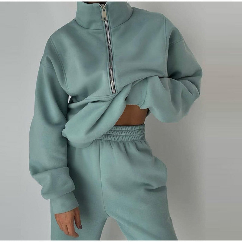 Stand Collar Suit Zip Up Crop Sportswear Long Sleeve Sweatshirt And Trousers For Spring Fall Women's Clothing -