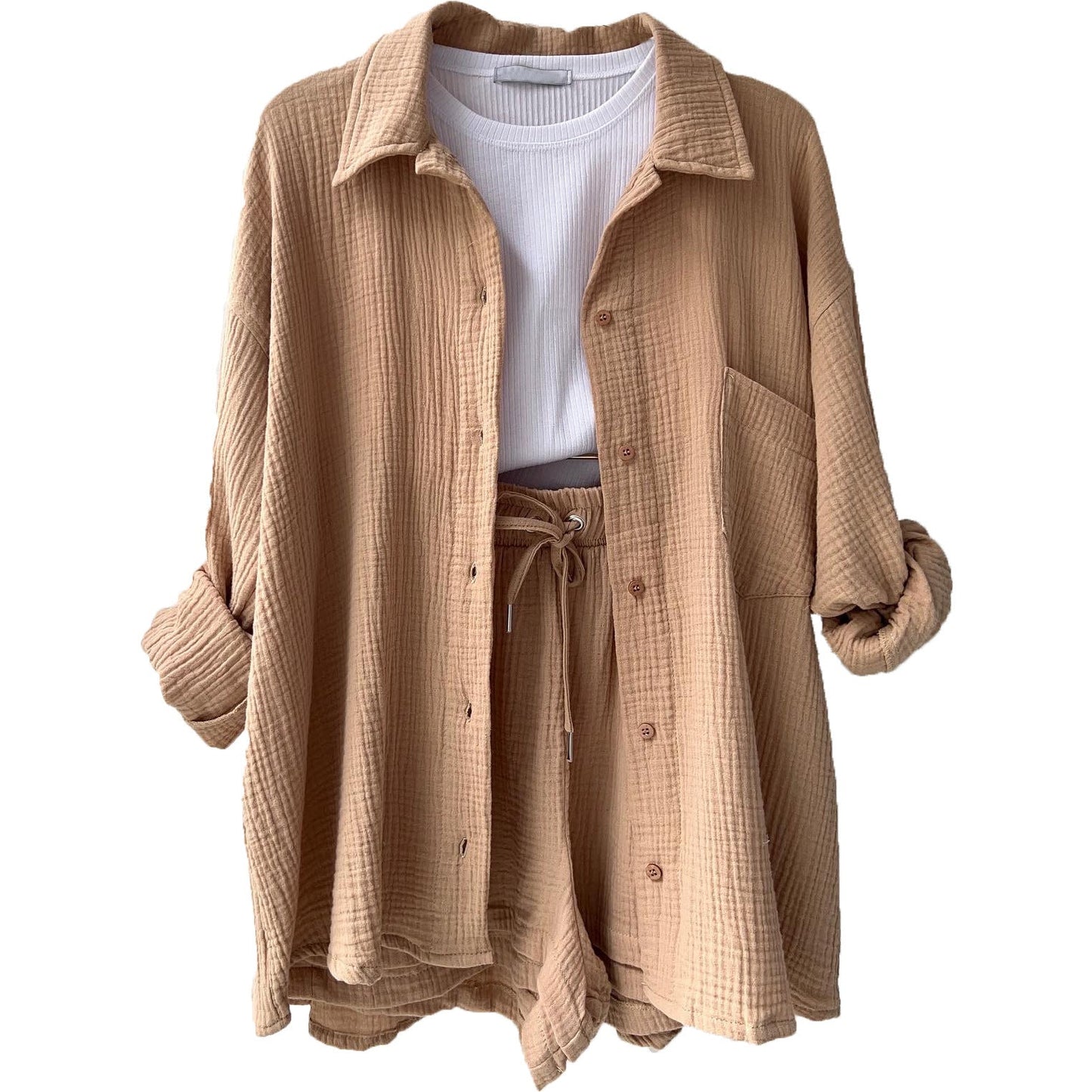 Women's Wrinkled Fabric Lapel Long Sleeved Shirt Shorts Fashion Casual Set -