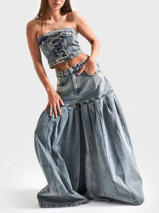Strapless Denim Corset Crop Top & High - Waisted Pleated  Wide - Leg Pants Set -