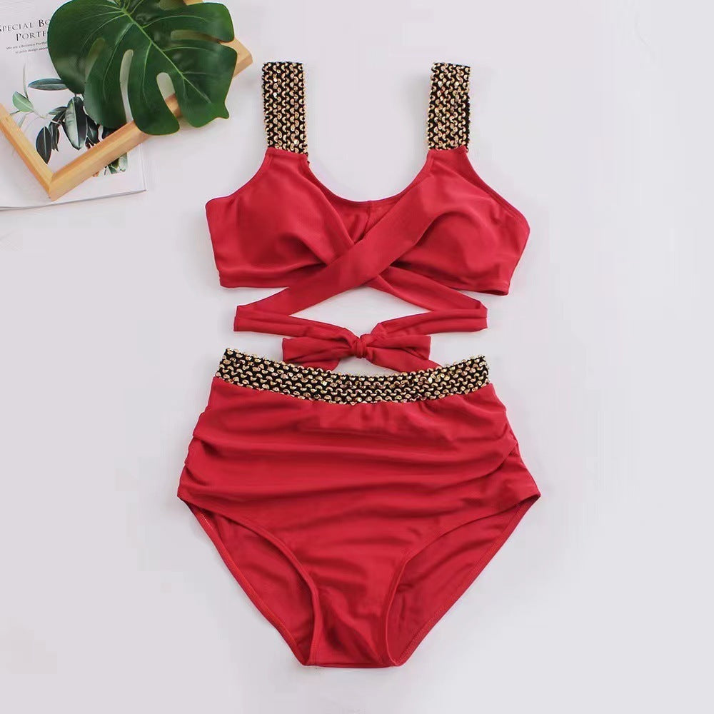 Ladies Two-Piece Bikini Crossover High Waist Swimsuit -