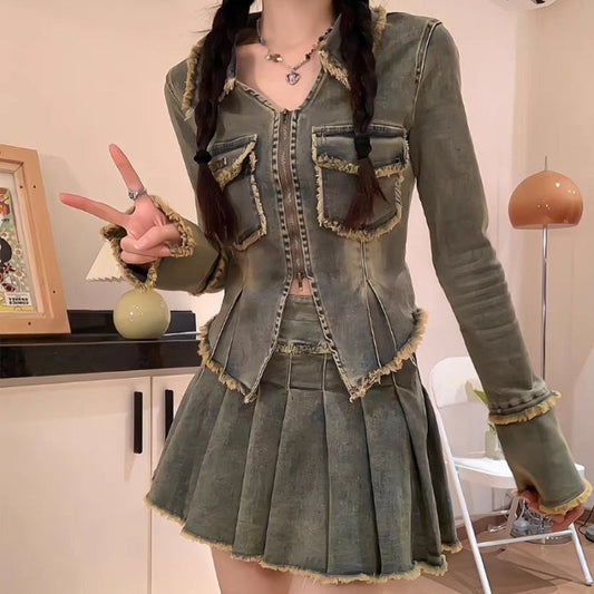 Hot Girl Washed Frayed Hem Denim Short Coat Two-piece Suit -