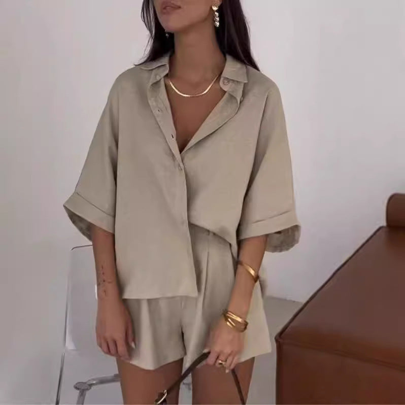 Fashion Polo Collar Half Sleeve Top And Shorts Two-piece Set -