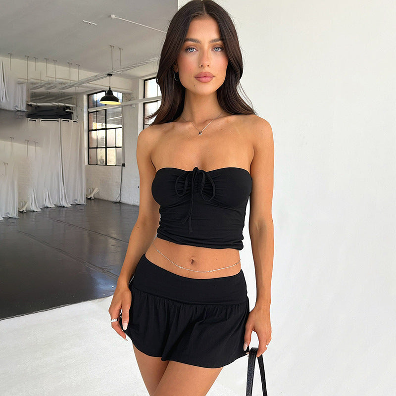 Women's Suits Summer Sleeveless Tube Top And Pleating Skirt Y2K Hot Girl Mid-length Dress Set -