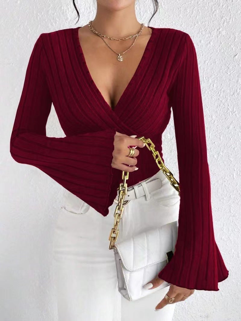 Bluză Feminină cu Dungi, Decolteu V - Slim Fit, Mânecă Lungă -