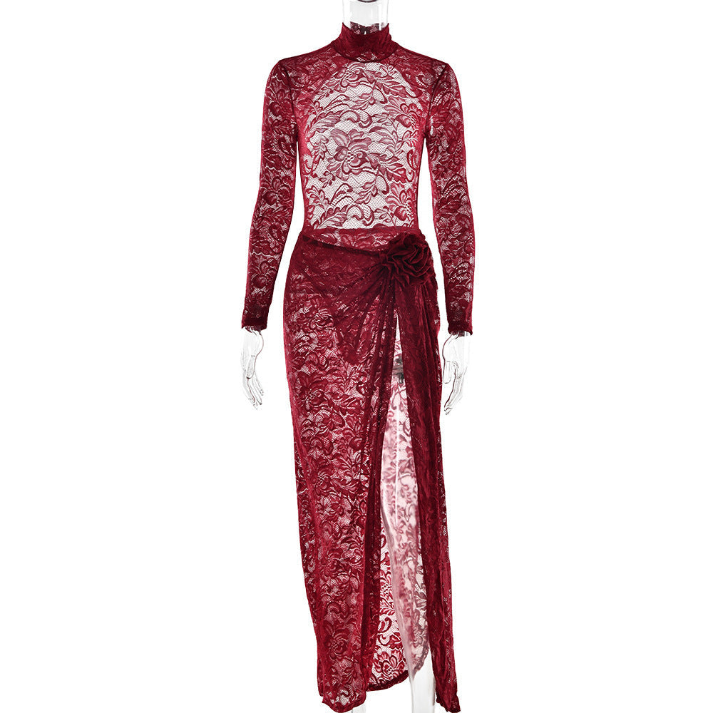 Slim-fit See-through Two-piece Half Turtleneck Bare Back -