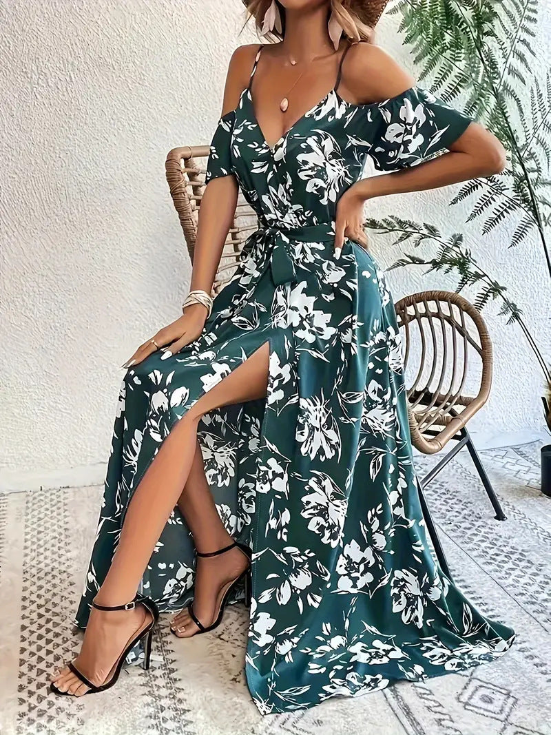 Ins Off-Shoulder Split Dress Summer Floral Print Suspender Long Dresses With Belt Design Women's Beach Clothing -
