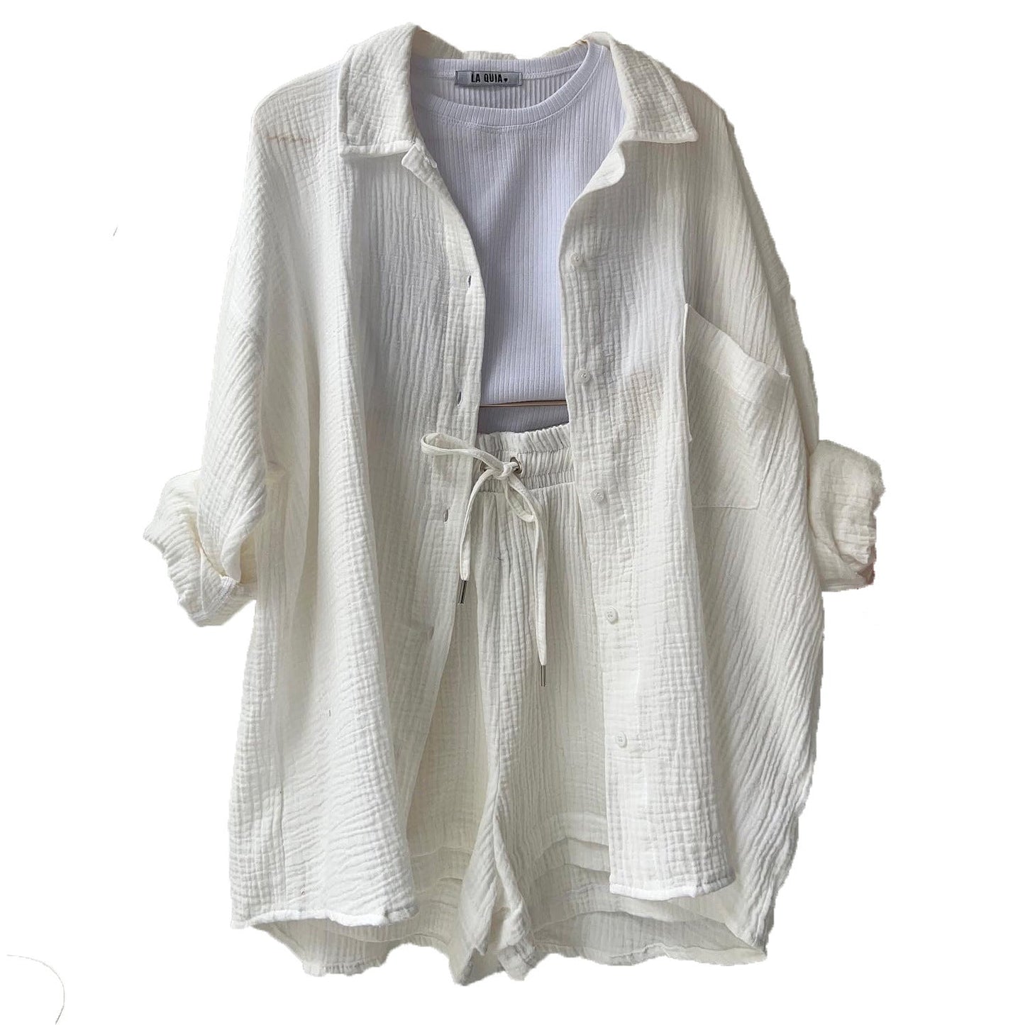 Women's Wrinkled Fabric Lapel Long Sleeved Shirt Shorts Fashion Casual Set -