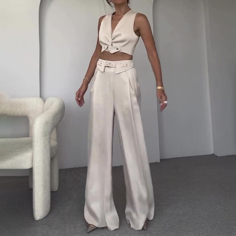 Women's Sleeveless V-neck Short Vest Top Straight-leg Pants Two-piece Set -