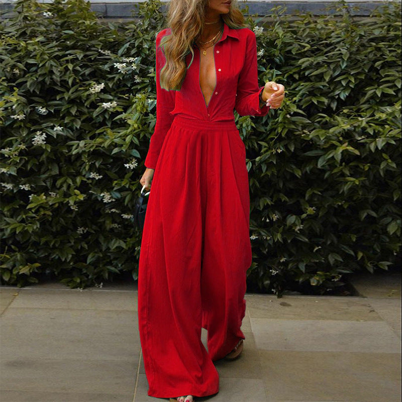 Women's Autumn And Winter Fashion Solid Color Shirt And Pants Set -
