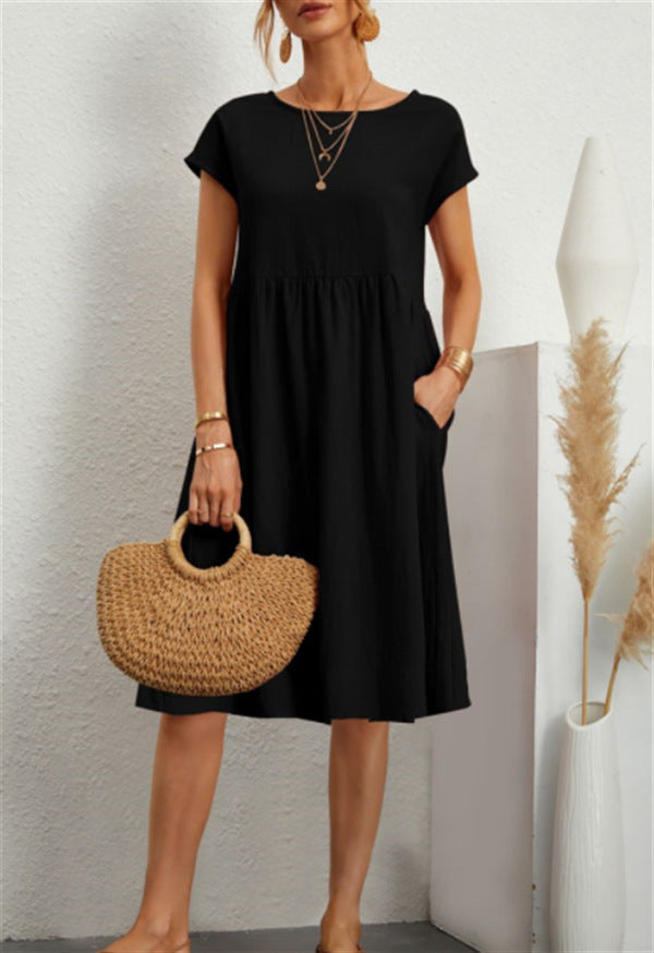 Rochie Vara Buzunare A-Line - Guler Rotund, Casual Elegantă, Culori Uni -