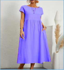 Rochie Vara Buzunare A-Line - Guler Rotund, Casual Elegantă, Culori Uni -