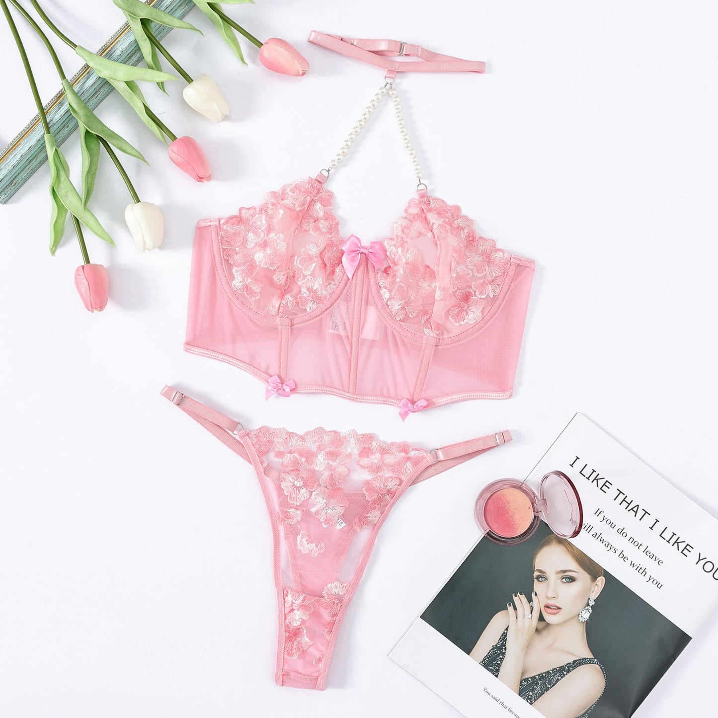 Flower Embroidery Halter Underwear Suit -