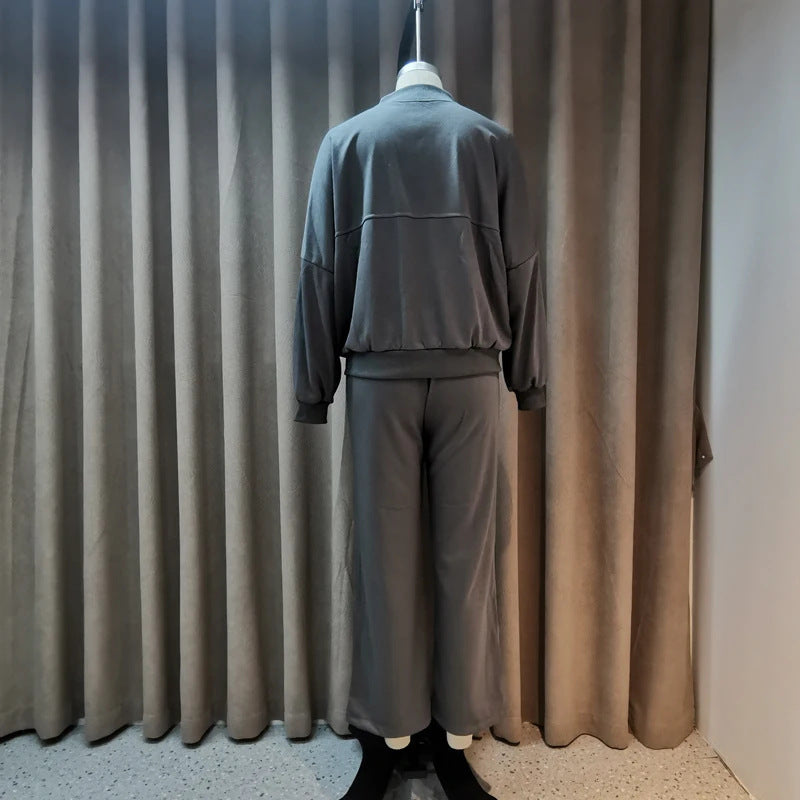 Solid Color Loose Zip Sweater Casual Versatile Trousers Suit -