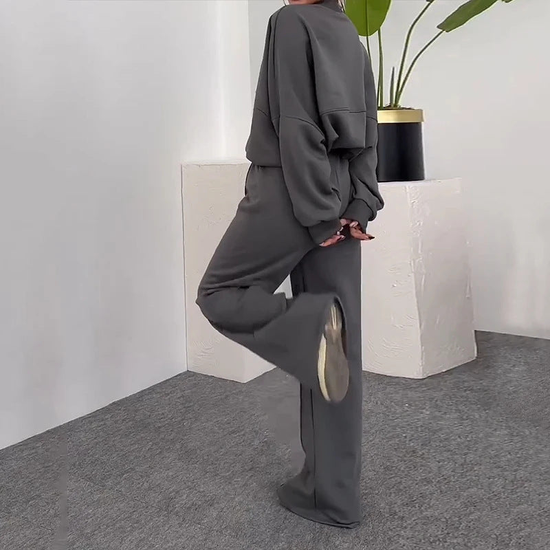 Solid Color Loose Zip Sweater Casual Versatile Trousers Suit -